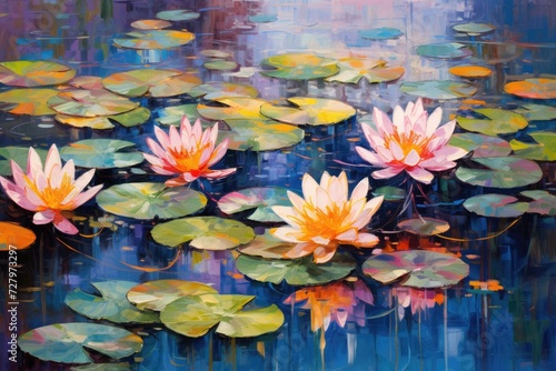 This image showcases a serene depiction of water lilies gracefully floating in a tranquil pond  Monet s water lilies reinterpreted with bold colors  AI Generated
