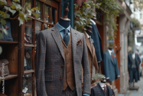A well-dressed mannequin stands proudly outside a clothing store, wearing a stylish suit and coat, showcasing the latest in outdoor fashion