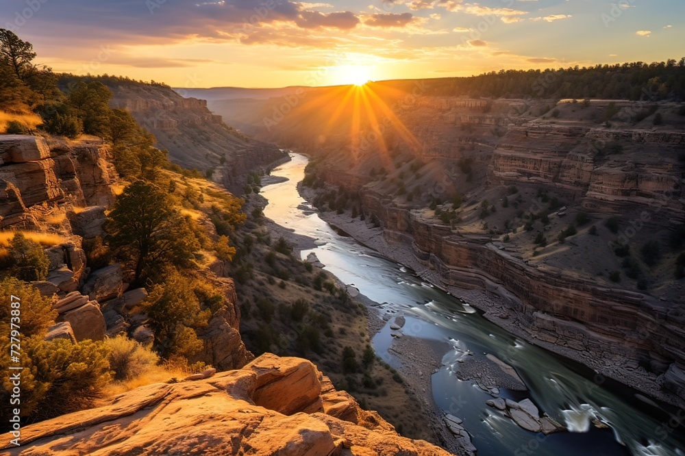 Fototapeta premium Golden Sunrise Over River Canyon Cliffs