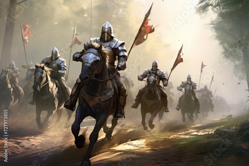 A group of men energetically ride on the backs of powerful horses, enjoying an adventurous outdoor activity, Mounted knights in full armor, rushing towards battle, AI Generated
