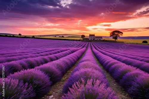 Sunset over Lavender Fields with Picturesque Farmhouse