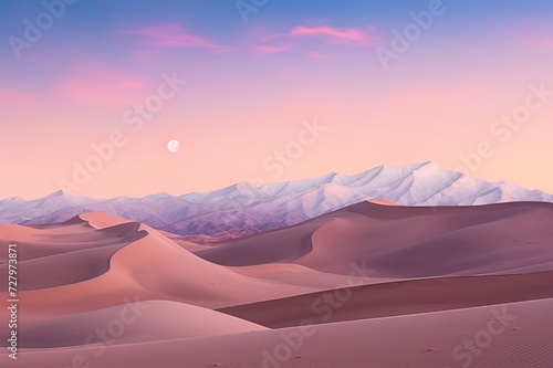 Moonrise over Pink-Hued Desert Dunes and Snowy Peaks