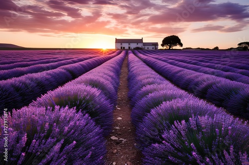 Dawn's First Light on a Lavender Farm with a White House