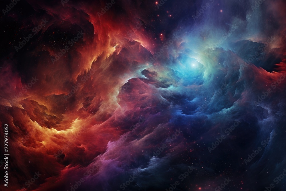 Experience the awe-inspiring beauty of a vibrant celestial landscape teeming with stars and clouds, Mystical, swirling colors forming a depiction of an abstract nebula, AI Generated