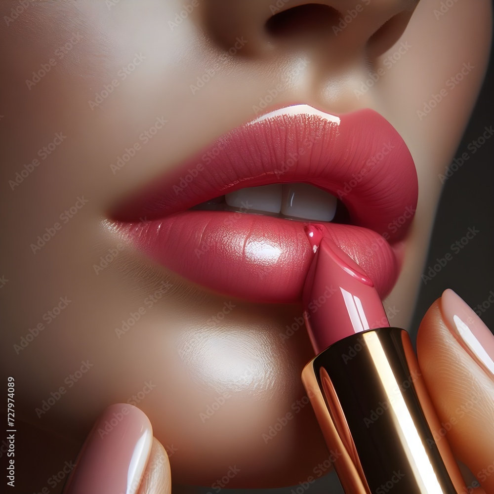 Obraz premium Close-Up Beauty Portrait of a Woman Applying Lipstick With Precise Application