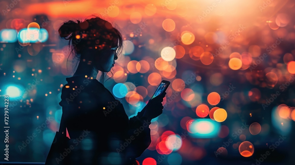 Fototapeta premium person stand and feel happy on use phone the most hight of technology communication, city, building, male, dark, light, business