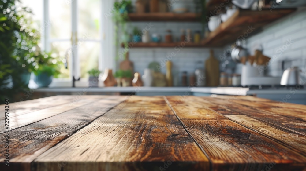 Wooden table on blurred kitchen bench background, Advertisement, Print media, Illustration, Banner, for website, copy space, for word, template, presentation Wooden table on blurred kitchen bench background, Advertisement, Print media, Illustration, Banner, for website, copy space, for word, template, presentation