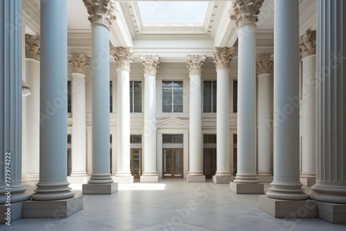 This image shows a large room filled with columns and natural light pouring in through a skylight, Neoclassical architectural elements in a modern building, AI Generated