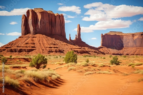 A captivating desert scene featuring a stunning rock formation unfolding against a vast arid landscape, Navajo tribal park Monument Valley in Arizona, AI Generated