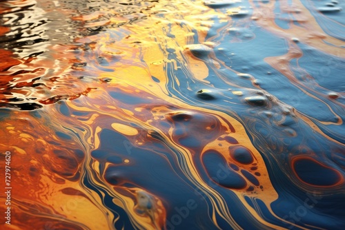 A vibrant close-up image of water displaying brilliant orange and blue colors, Oil slick pattern on water, AI Generated