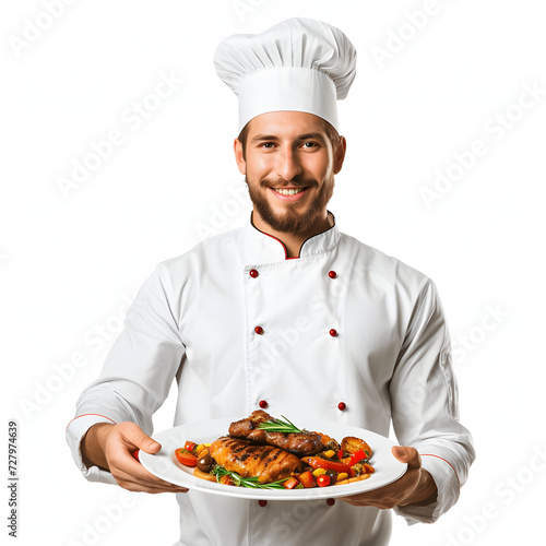 Chef presenting a plate of food isolated on white background, photo, png 