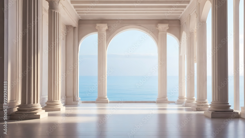 Clean and smooth 3D beams and columns in a tranquil architectural background. 