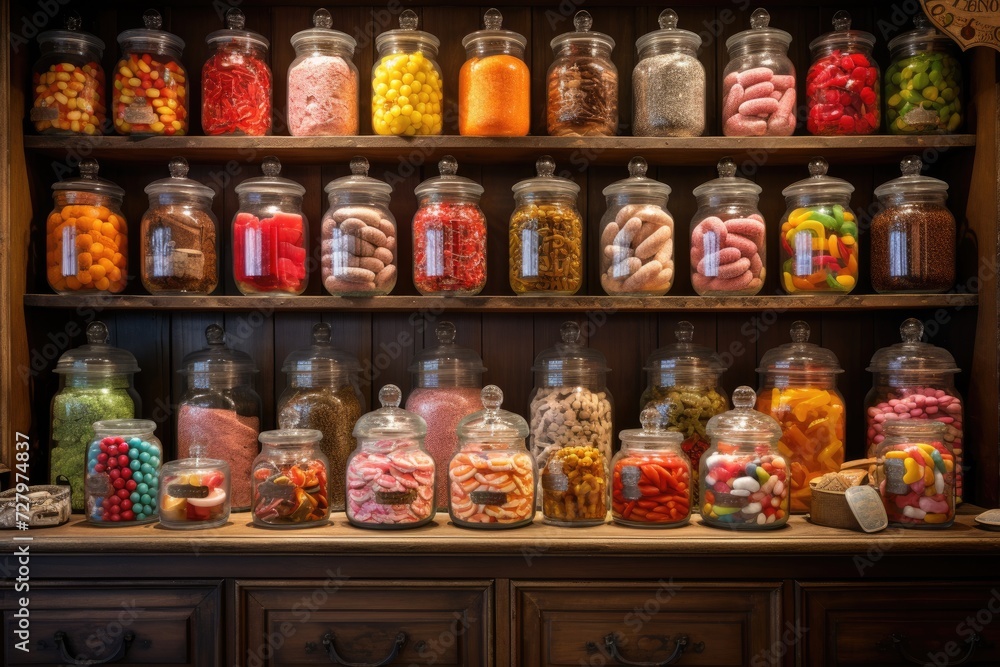A shelf filled with a wide range of candies, providing a diverse selection of tasty delights for candy enthusiasts, Old-fashioned candy store filled with jars of sweets, AI Generated