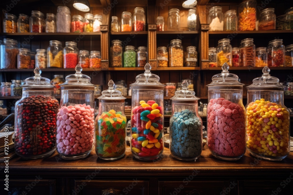 A table showcasing an array of jars filled with delicious and vibrant candy, perfect for indulging or giving as presents, Old-fashioned candy store filled with jars of sweets, AI Generated A table showcasing an array of jars filled with delicious and vibrant candy, perfect for indulging or giving as presents, Old-fashioned candy store filled with jars of sweets, AI Generated