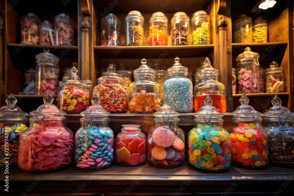A shelf filled to the brim with a wide variety of candies, offering a delectable sugar rush for all candy lovers, Old-fashioned candy store filled with jars of sweets, AI Generated