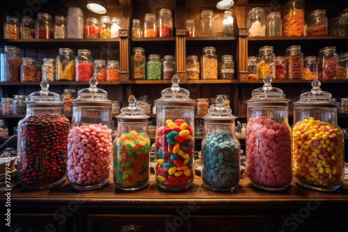 A table showcasing an array of jars filled with delicious and vibrant candy, perfect for indulging or giving as presents, Old-fashioned candy store filled with jars of sweets, AI Generated
