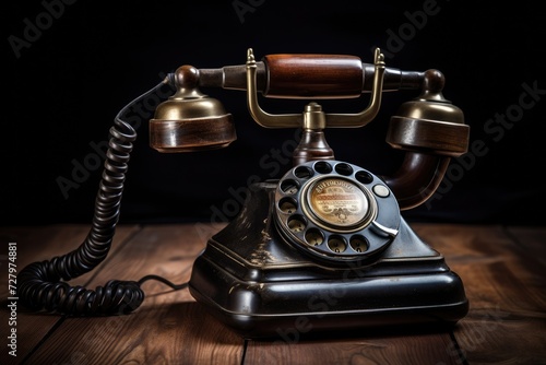 An image of an antique telephone placed on a rustic wooden table, Old-fashioned rotary phone on a rustic wooden table, AI Generated