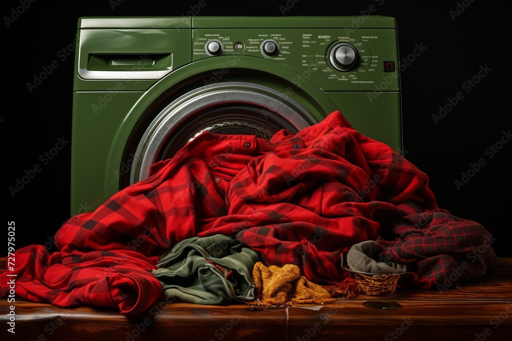 Disorganized laundry pile by washing machine, depicting household chores and tidiness challenge Disorganized laundry pile by washing machine, depicting household chores and tidiness challenge