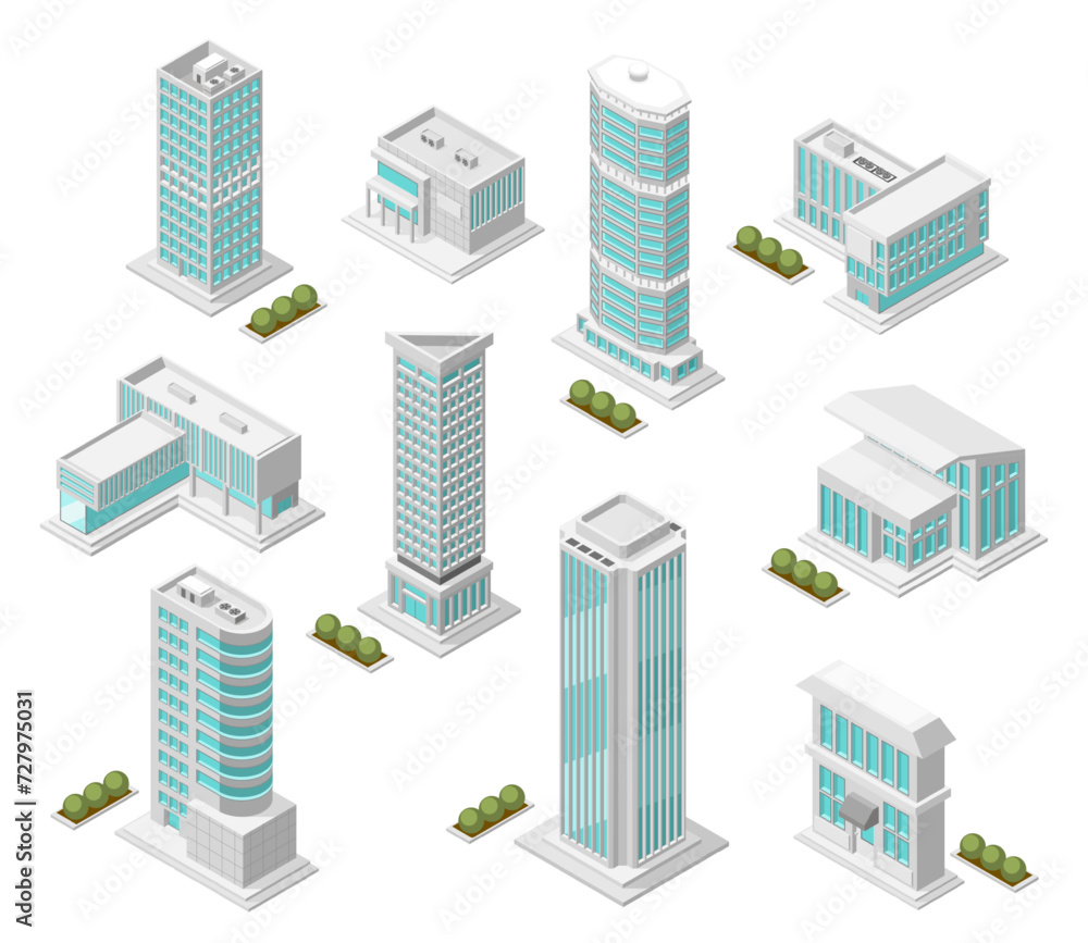 Isometric urban city buildings. Isolated skyscrapers, modern apartment building and private houses. Social and public architecture, flawless vector clipart