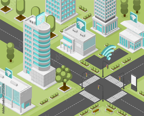 Digital city isometric with free internet in different areas. Wifi in buildings and parks, on street. Technology town, modern urban flawless vector concept