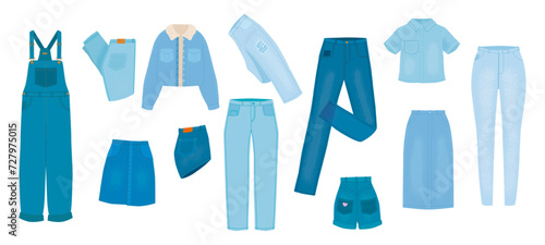 Jeans clothes. Denim pants and shirt, shorts and skirt. Isolated cartoon blue casual wear. Stylish outfits, jackets and jean, snugly vector collection
