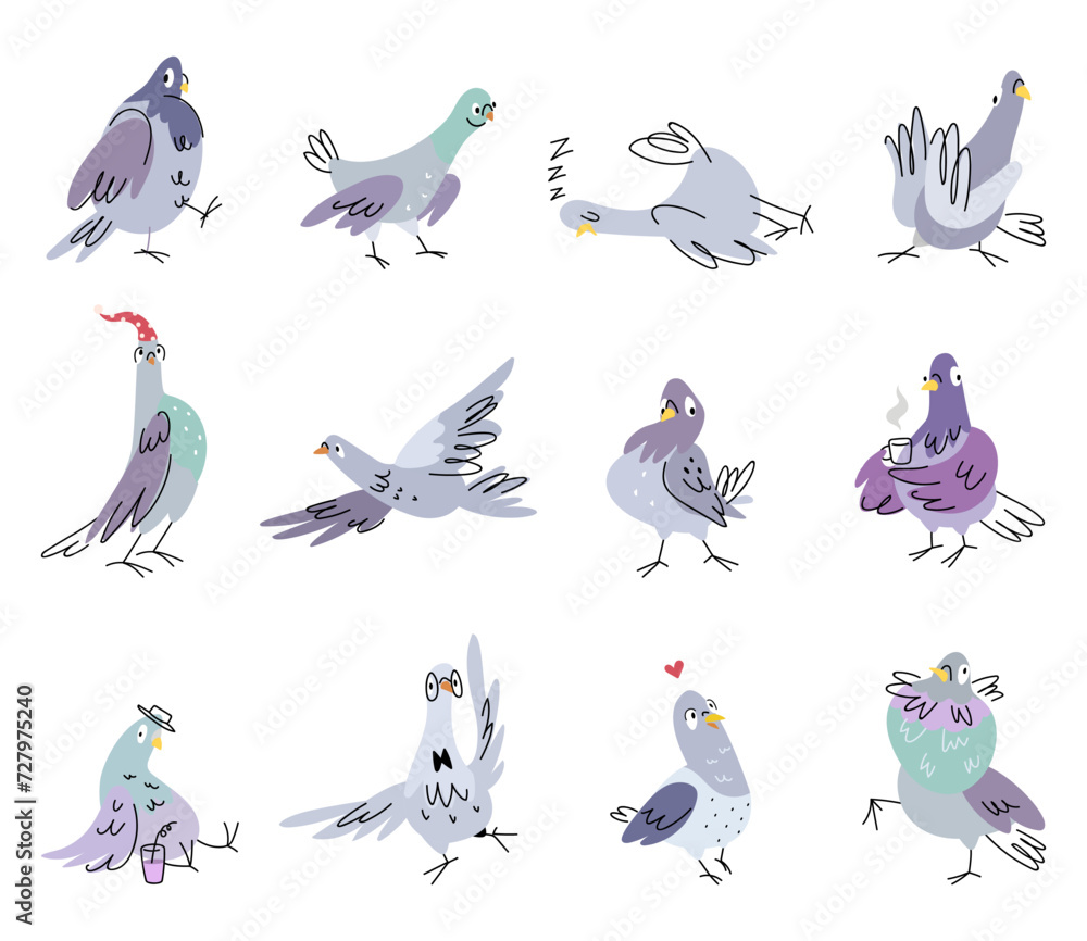 Obraz premium Cartoon pigeon. Isolated doodle dove clipart. Funny pigeons in different poses, sleep, drink coffee and fly. Emotional nowaday vector birds characters
