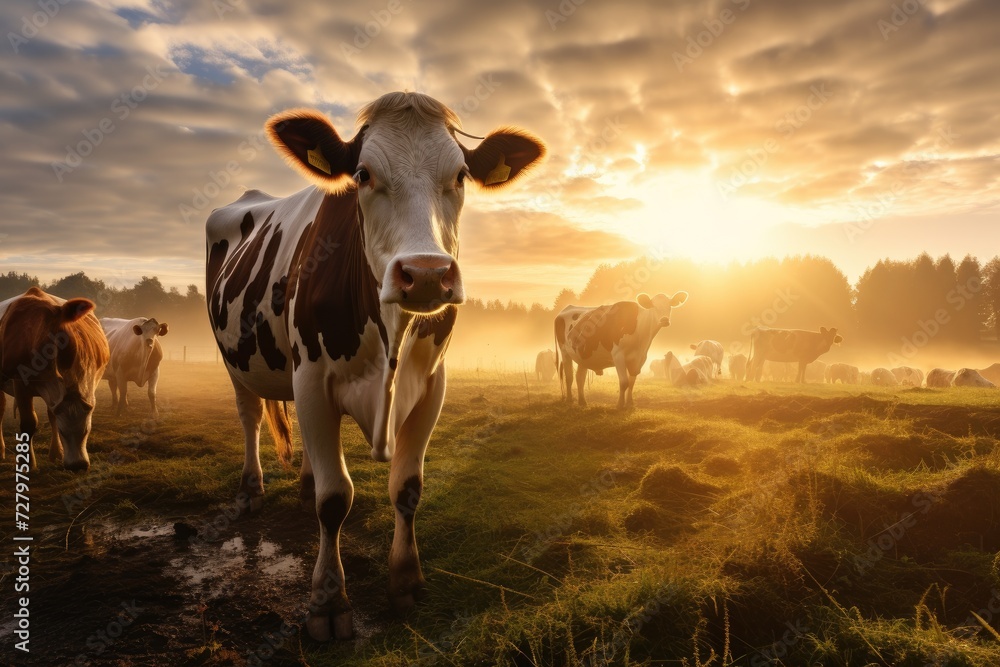 A group of cows gather on a lush green field, surrounded by scenic countryside, Organic dairy cows grazing in the pasture at sunrise, AI Generated