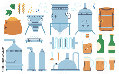 Flat beer elements. Home or industrial brewery equipment. Bottles and various glasses, wood barrel and hops. Craft drink industry, decent vector set
