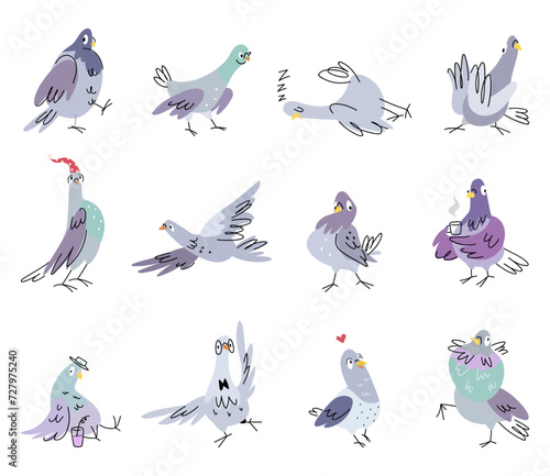 Cartoon pigeon. Isolated doodle dove clipart. Funny pigeons in different poses, sleep, drink coffee and fly. Emotional nowaday vector birds characters