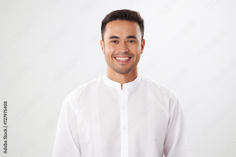 Youthful Muslim man standing on a white background, adorned with traditional Balinese motifs in a happycore style, captured with the vibrant energy of Provia film Youthful Muslim man standing on a white background, adorned with traditional Balinese motifs in a happycore style, captured with the vibrant energy of Provia film