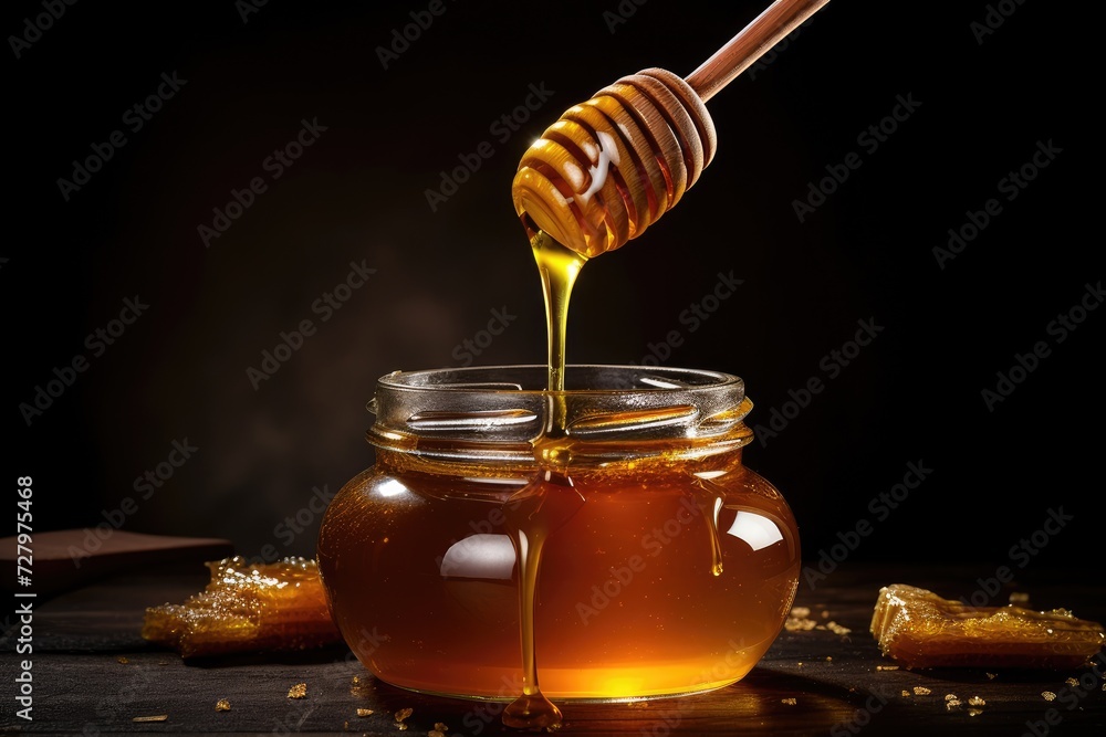 A honey dip is being poured into a jar filled with golden honey, creating a luscious and sweet treat, Organic honey dripping from a wooden dipper into a glass jar, AI Generated A honey dip is being poured into a jar filled with golden honey, creating a luscious and sweet treat, Organic honey dripping from a wooden dipper into a glass jar, AI Generated