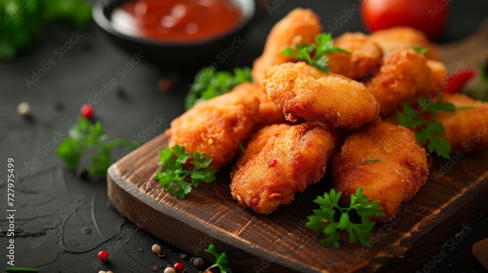 A sumptuous serving of crispy nuggets, garnished with fresh parsley and accompanied by a savory sauce, all presented on a dark, elegant background A sumptuous serving of crispy nuggets, garnished with fresh parsley and accompanied by a savory sauce, all presented on a dark, elegant background