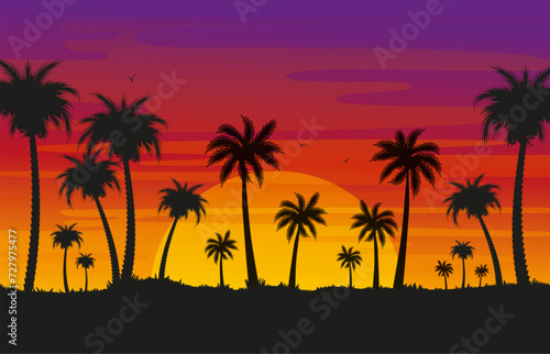 Sunset and palm trees. Beach landscape with palms silhouettes on evening. Tropical exotic nature, bright flat abstract neoteric vector background