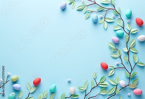An elegant display of speckled Easter eggs among delicate branches, perfect for spring holidays and decor. photo