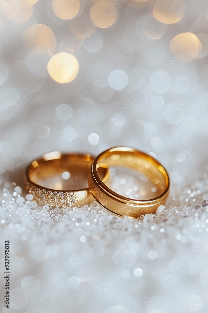Golden Vows, A Pair of Gold Wedding Rings Gleaming Against a Bokeh Background, Capturing the Essence of Eternal Commitment.