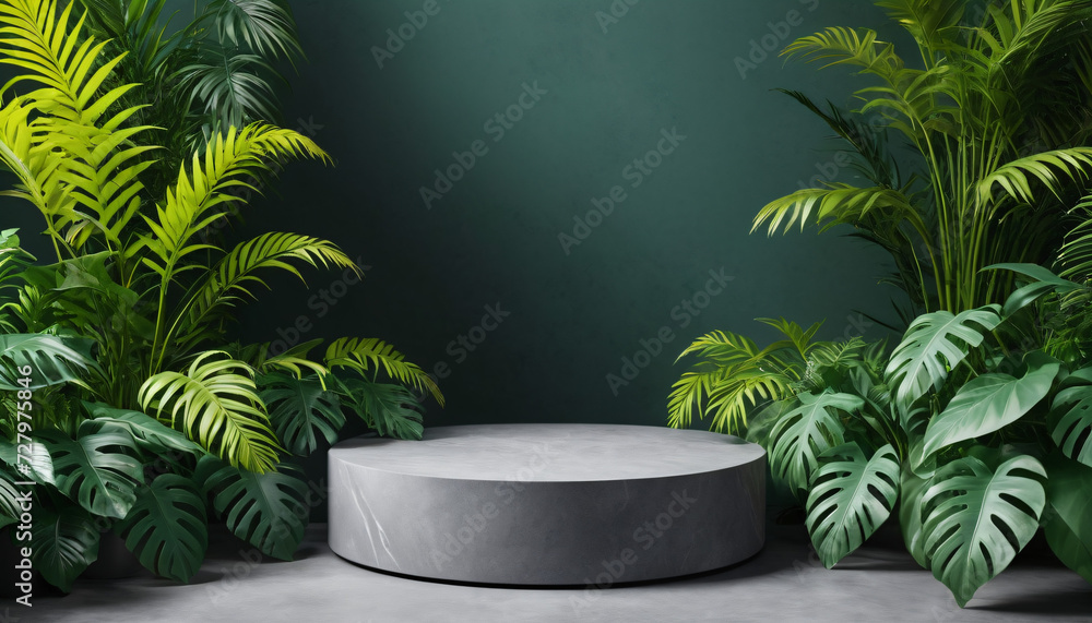 Product Spotlight, Grey Podium Amidst Vibrant Green Plants, Showcase, Tropical Ambiance, Contrast Product Spotlight, Grey Podium Amidst Vibrant Green Plants, Showcase, Tropical Ambiance, Contrast