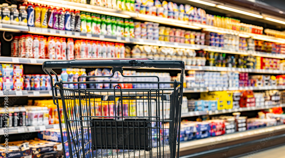 A shopping cart by a store shelf in a supermarket A shopping cart by a store shelf in a supermarket