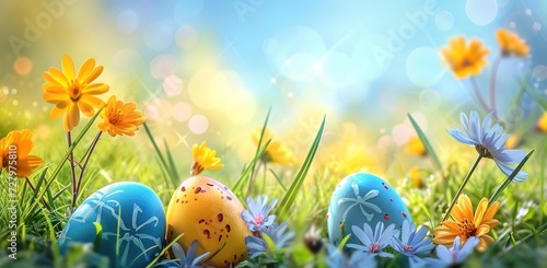 Easter celebration  colorful painted eggs among blooming flowers on a sunny spring day  ideal for holiday greetings and decorations