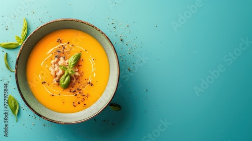 A delightful bowl of creamy soup, exquisitely presented against a colorful background, inviting a taste of its rich flavor