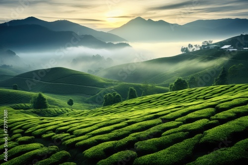 Enjoy the breathtaking beauty of a lush green hillside covered in vibrant green grass  Organic tea plantation in the misty mountain morning  AI Generated