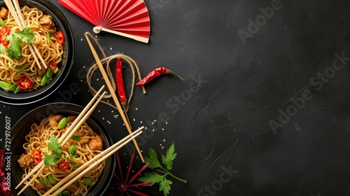 A tempting arrangement of Chinese noodles in bowls, complemented with chopsticks and decorative paper fans