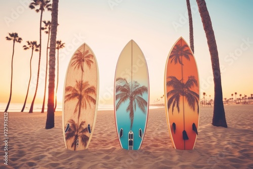 Surfboards palm patterns on the beach with palm trees and sunset sky background. Surfboards on the beach. Vacation Concept with Copy Space.