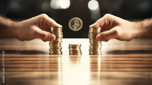 hands of investor or businessman holds stacks of bitcoin, business financial and investment concept photo