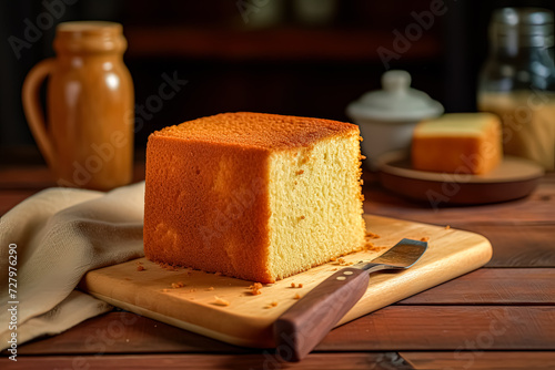 Savor the sweet allure of Honey Castella Sponge Cake on a rustic wooden table. A tempting image for culinary designs and dessert themed projects. photo