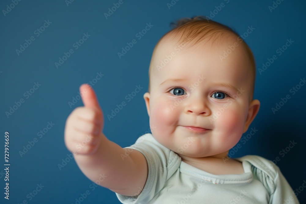Portrait of a cute baby boy showing thumbs up on blue background. AI. Portrait of a cute baby boy showing thumbs up on blue background. AI.