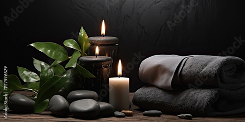 Tranquil ambiance surrounds a setup of a towel laid atop ferns  adorned with flickering candles and black hot stones  offering a soothing atmosphere.