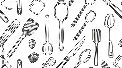 seamless pattern featuring elegantly outlined kitchen cutlery, created with a continuous one-line drawing