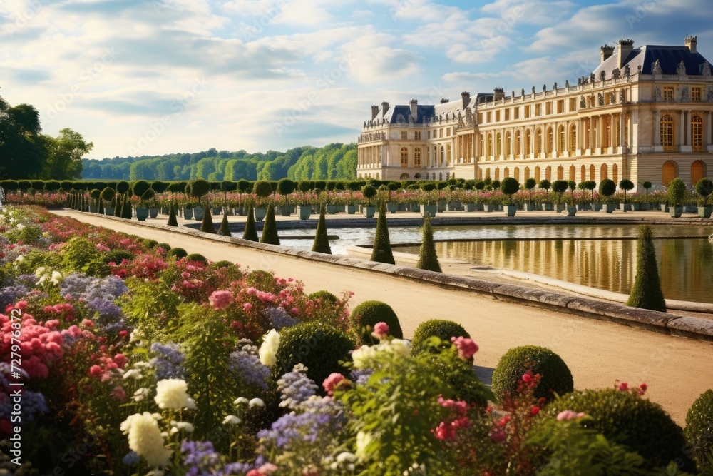 A breathtaking view of a grand building surrounded by a tranquil pond, Palace of Versailles gardens in Spring, AI Generated