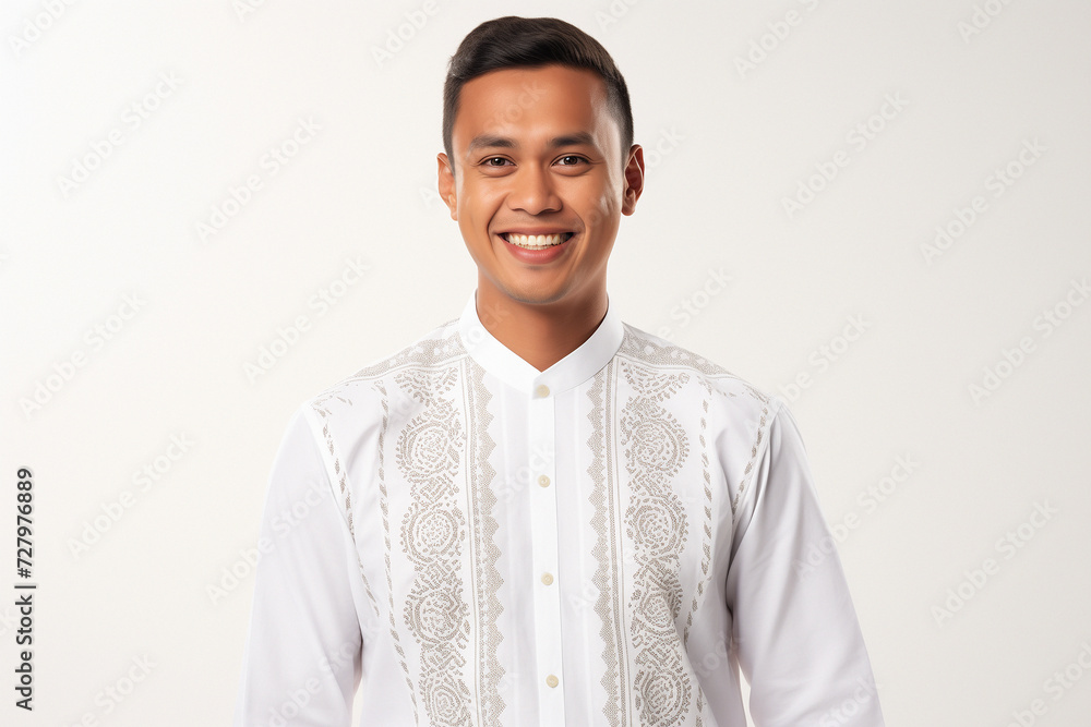 Youthful Muslim man standing on a white background, adorned with traditional Balinese motifs in a happycore style, captured with the vibrant energy of Provia film Youthful Muslim man standing on a white background, adorned with traditional Balinese motifs in a happycore style, captured with the vibrant energy of Provia film