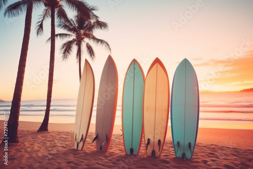 Surfboards on the beach at sunset. Vintage filter effect. Surfboards on the beach. Vacation Concept with Copy Space.